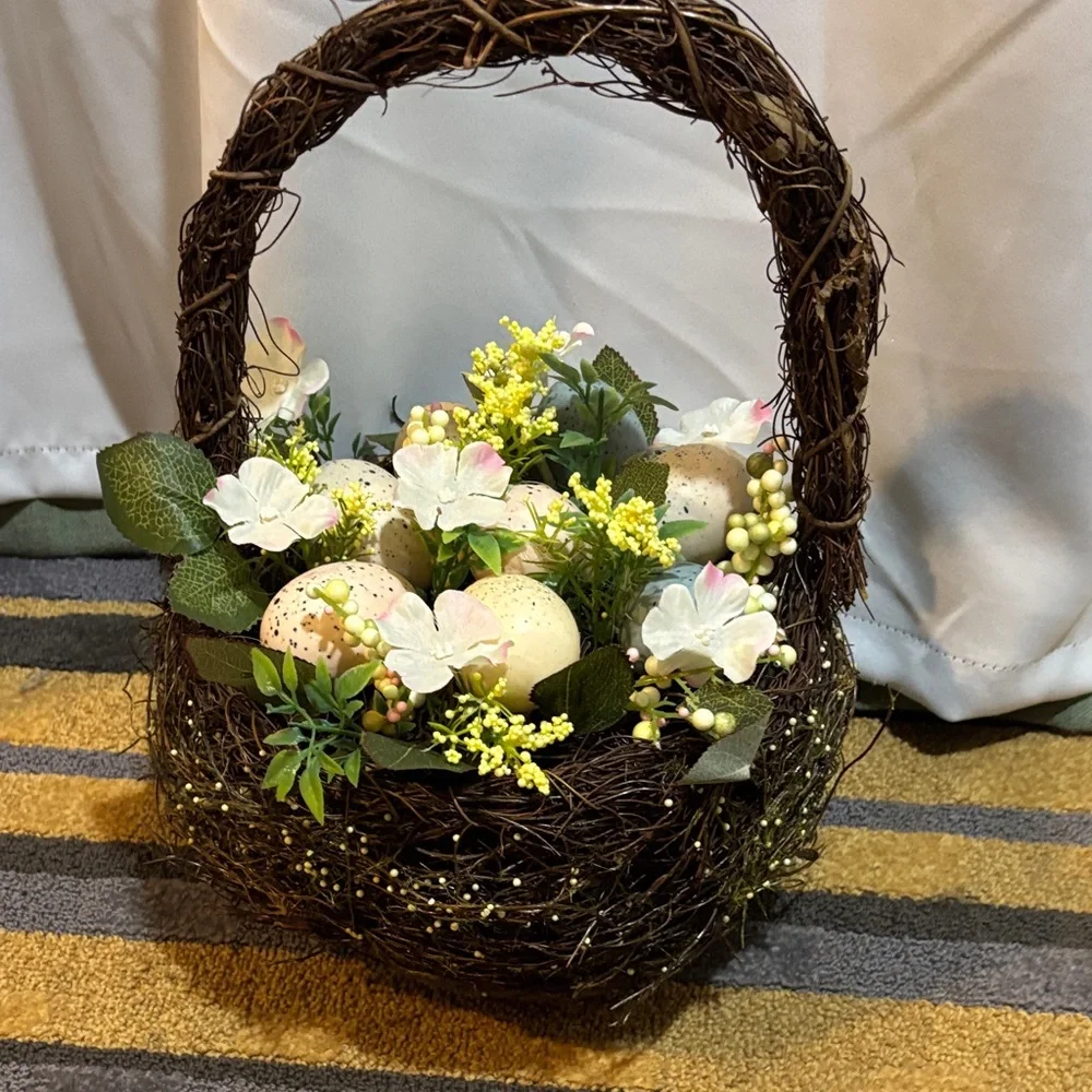 Easter Rustic Floral Basket with White and Yellow Accents